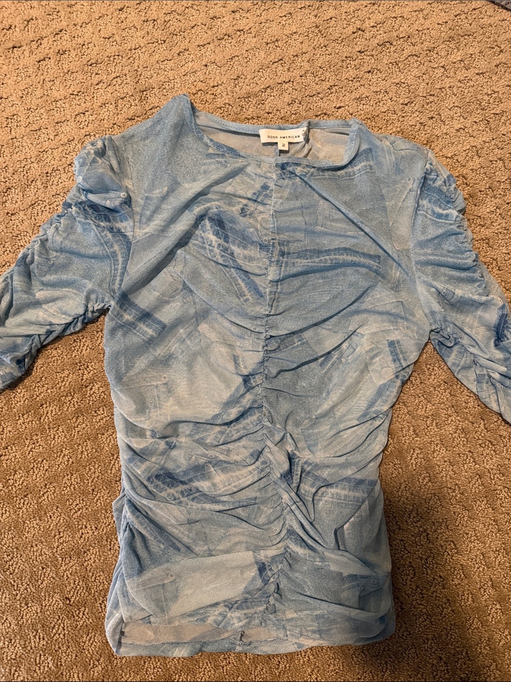 Good American Light Blue Ruched Mesh Top